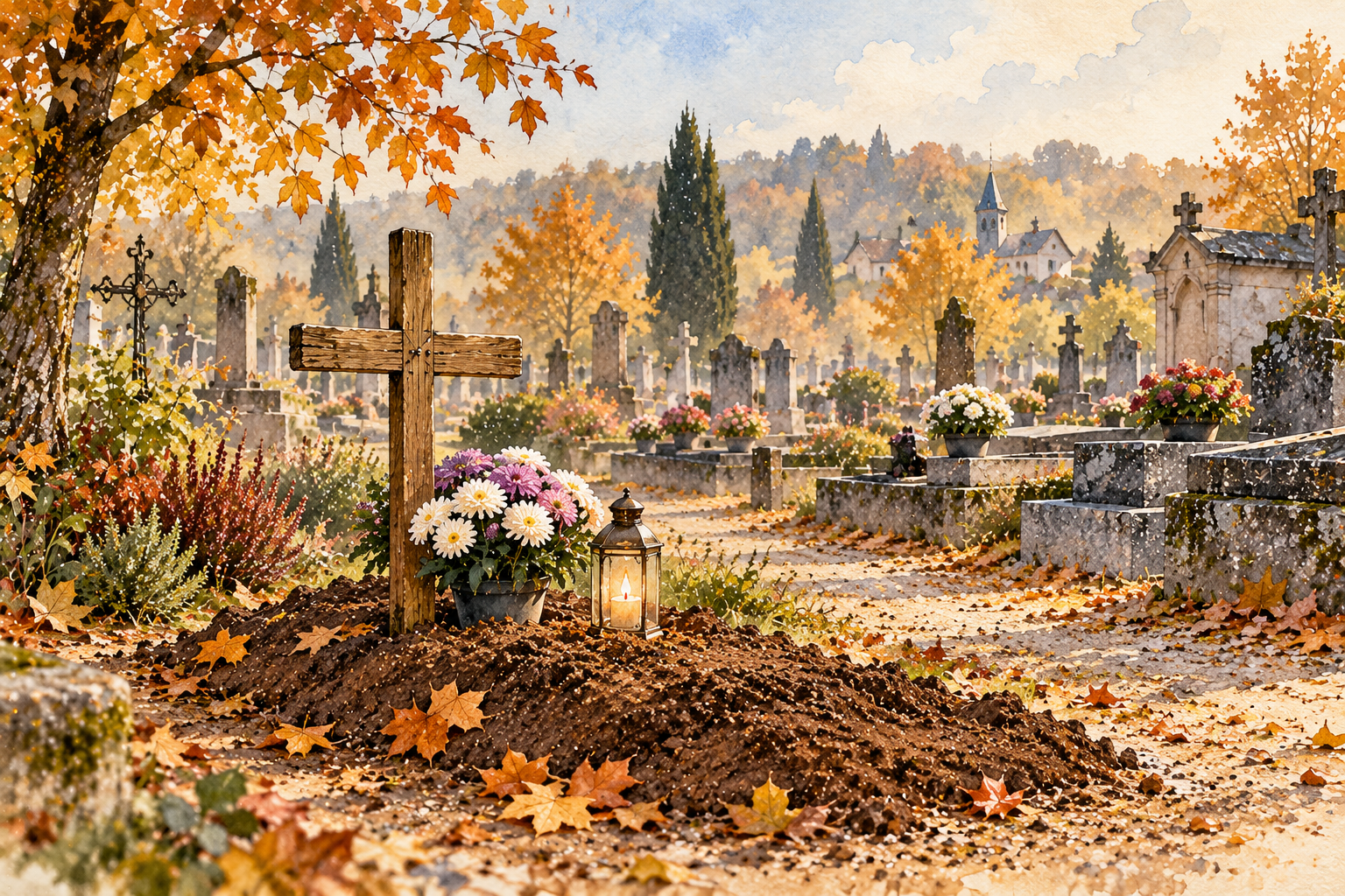 Tombe provisoire en terre fraîche marquée d'une croix en bois, avec un pot de chrysanthèmes et une lanterne allumée, dans un cimetière de village en automne