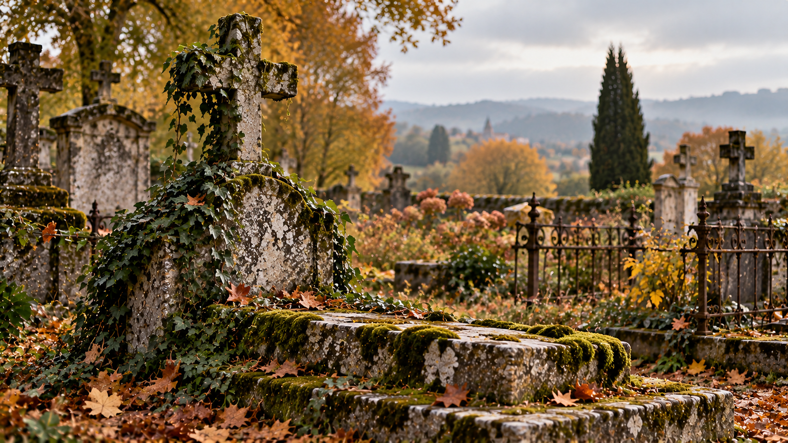 Vieille tombe de cimetière envahie de lierre et de mousse sous un ciel d'automne — concession ancienne menacée de reprise pour état d'abandon