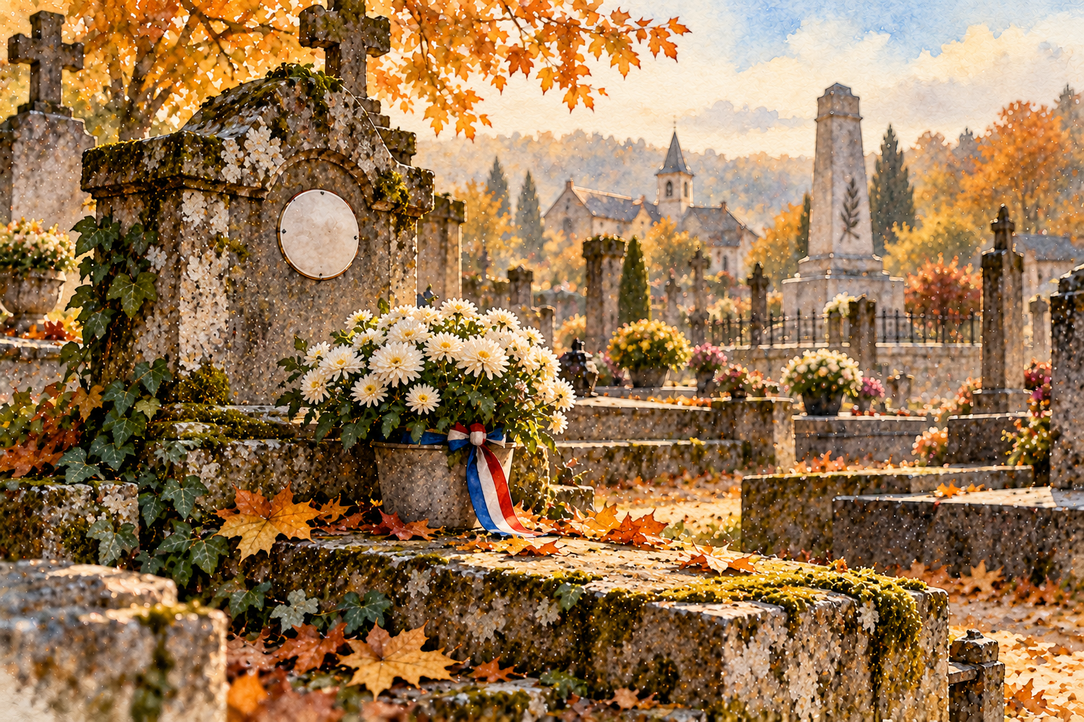 Ancienne tombe de famille moussue avec un médaillon émaillé et un pot de chrysanthèmes blancs noué d'un ruban tricolore, monument aux morts en arrière-plan