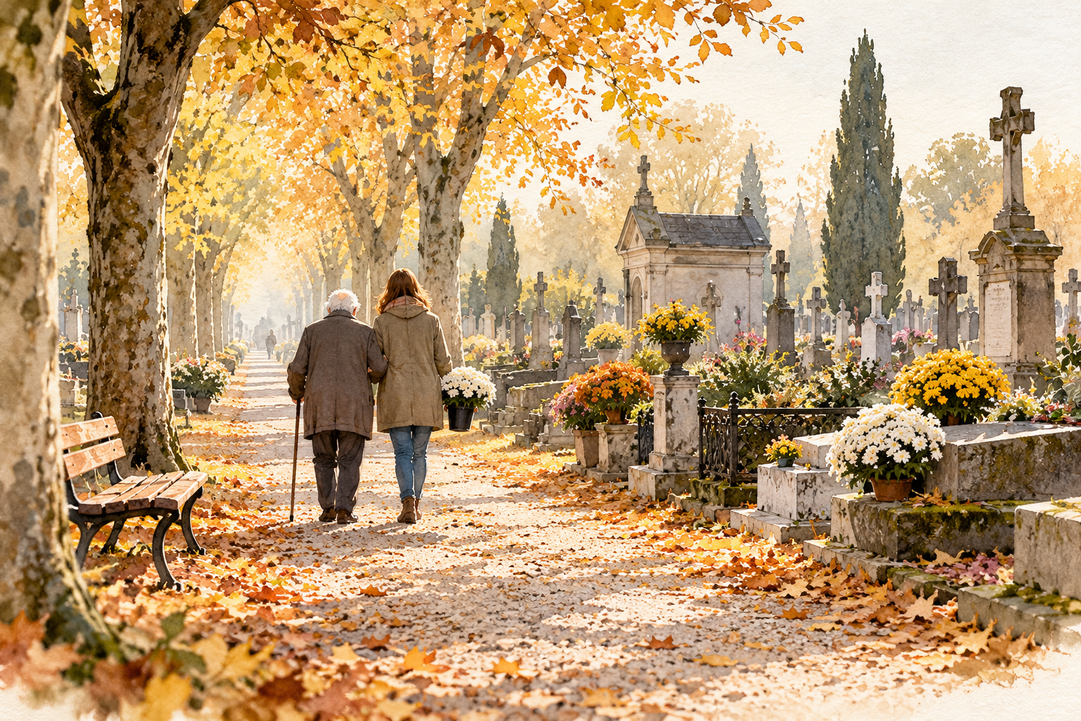Une personne âgée avec une canne marche au bras d'une proche portant des chrysanthèmes blancs, dans une allée de cimetière en automne