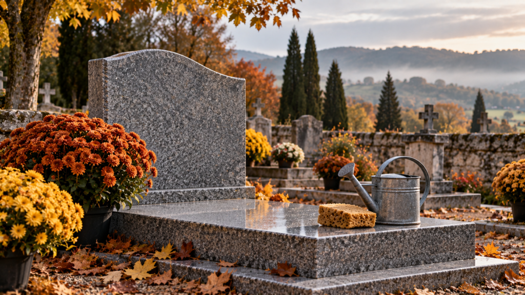 Tombe en granit entretenue, ornée de pots de chrysanthèmes bronze et or, feuilles d'automne au sol — préparer une sépulture pour la Toussaint
