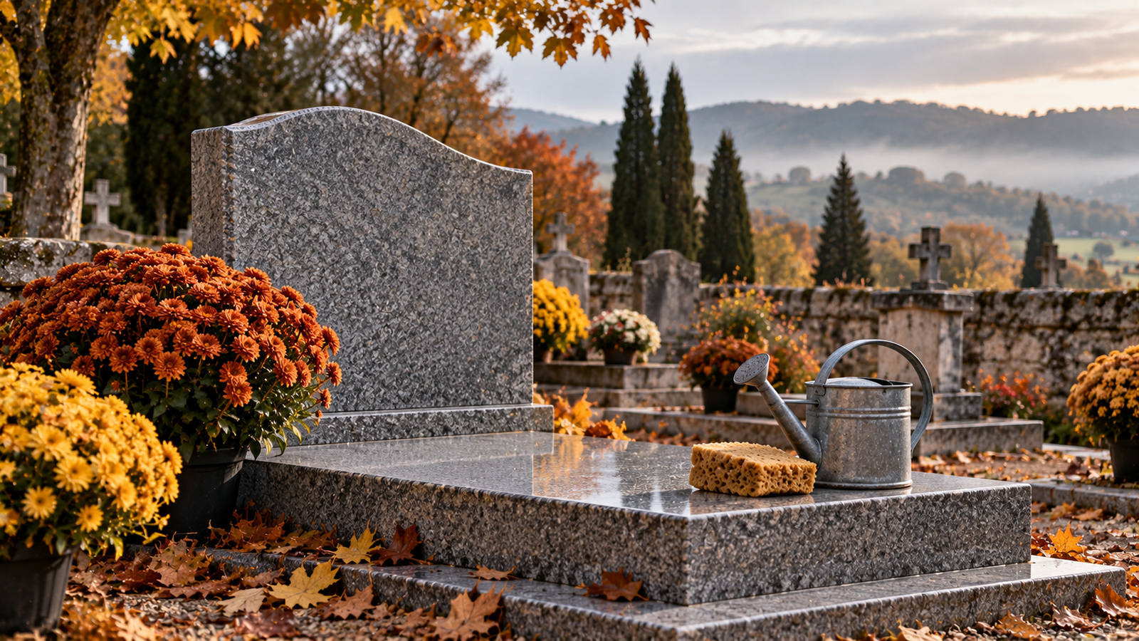 Tombe en granit entretenue, ornée de pots de chrysanthèmes bronze et or, feuilles d'automne au sol — préparer une sépulture pour la Toussaint
