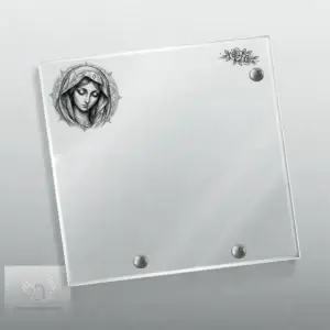 Plaque funéraire plexiglas carré avec motif spirituel entrelacé, ornementation florale, finition or, style chrétien épuré, fond blanc translucide
