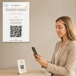 QR code mémorial discret gravé sur la plaque funéraire carré chrétien, accès direct à la biographie du défunt sur lefuneraire.com