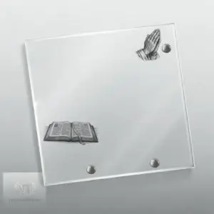 Plaque funéraire carrée en plexiglas avec décor gravé : Bible ouverte et mains jointes en prière, finition or, style chrétien spirituel