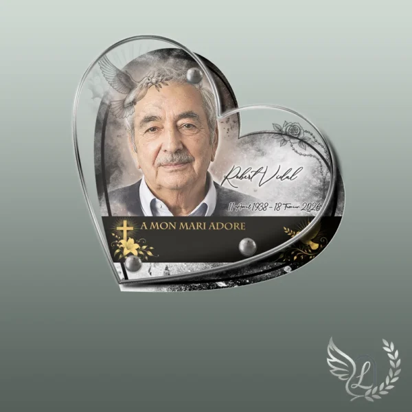 Plaque funéraire cœur chrétien collée sur pierre tombale, double-face professionnel inclus, 1er sous-décor du thème