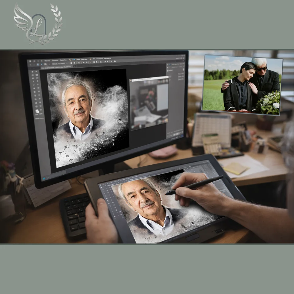 Création artistique plaque funéraire Chrétien sur tablette graphique en studio