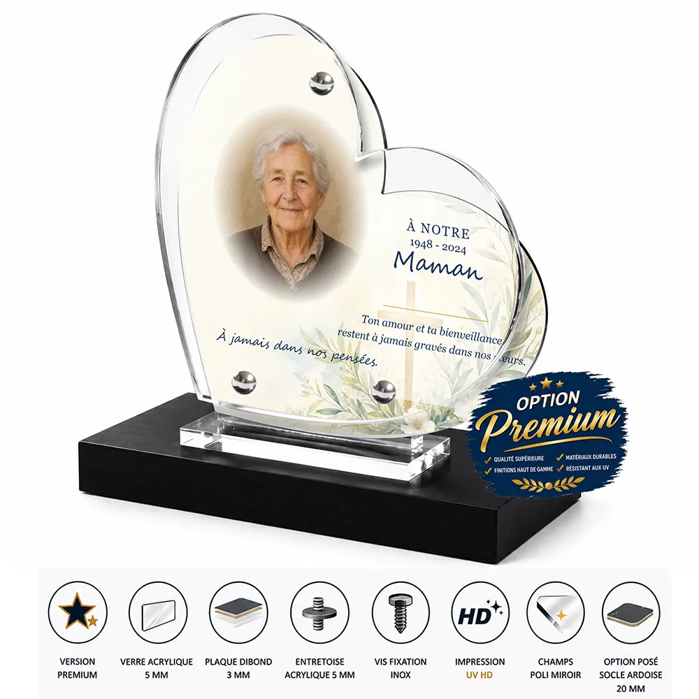 Plaque funéraire cœur Chrétien finition premium présentée sur socle en ardoise