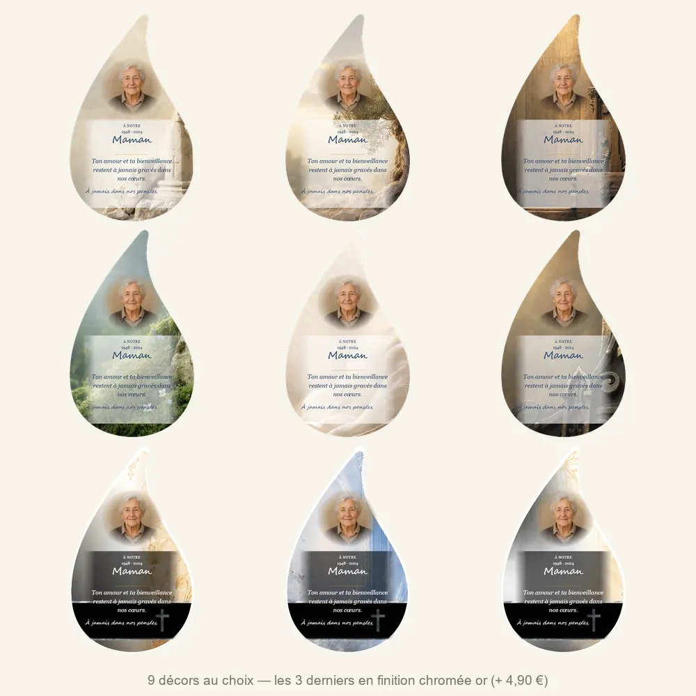 Plaque funéraire flamme Chrétien — neuf décors de fond au choix