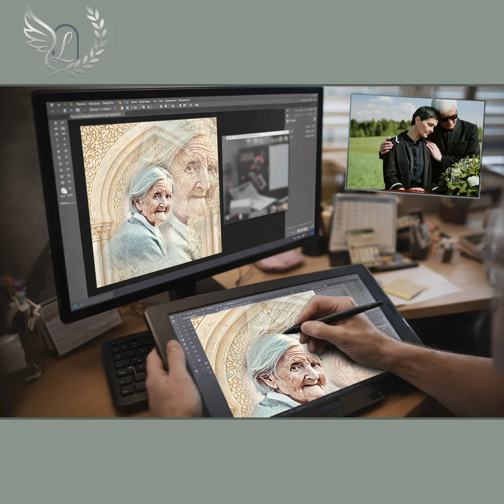Création artistique plaque funéraire Chrétien sur tablette graphique en studio