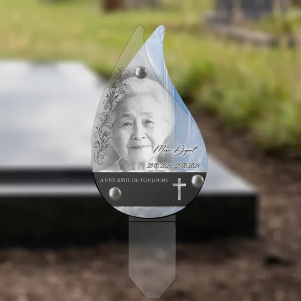 Plaque funéraire flamme chrétien plantée par appendice plexiglas, sol meuble ou pot, 1er sous-décor