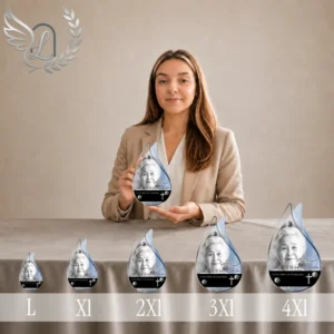 Gamme de plaques funéraires en forme de flamme avec finition argent, présentées côte à côte du format L au 4XL, motif portrait gravé et croix spirituelle