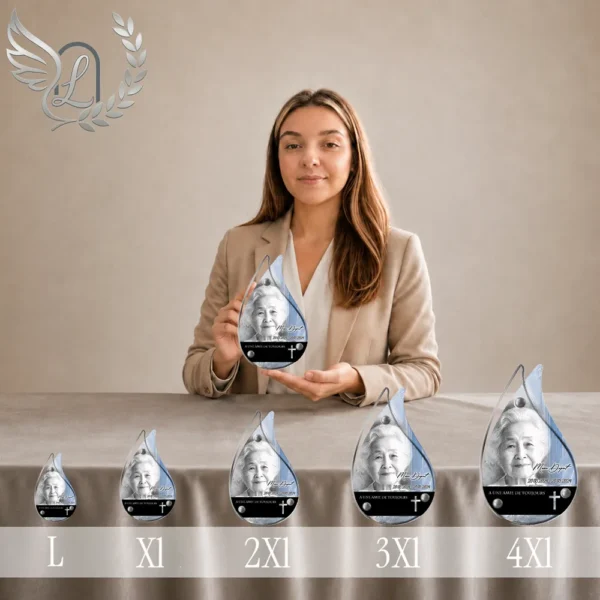 Gamme de plaques funéraires en forme de flamme avec finition argent, présentées côte à côte du format L au 4XL, motif portrait gravé et croix spirituelle