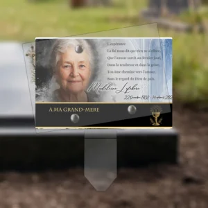 Plaque funéraire panoramique chrétien plantée par appendice plexiglas, sol meuble ou pot, 1er sous-décor