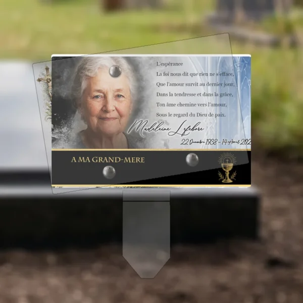 Plaque funéraire panoramique chrétien plantée par appendice plexiglas, sol meuble ou pot, 1er sous-décor