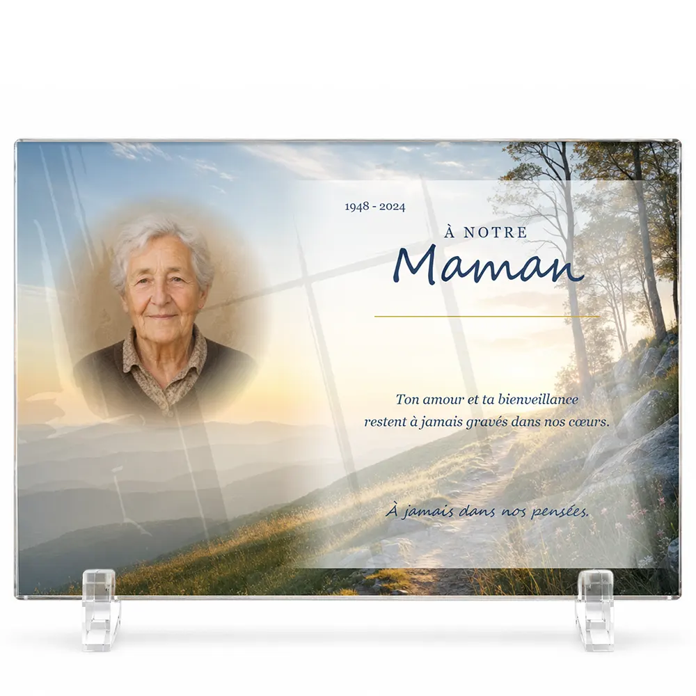 Plaque funéraire panoramique Chrétien personnalisée — portrait, texte libre et fond au choix, présentée sur pied plexi