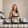 Gamme complète de plaques funéraires panoramiques avec portrait, finitions or et motifs religieux, présentées en quatre tailles côte à côte