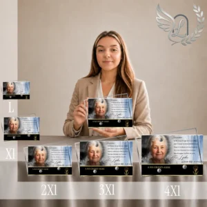 Gamme complète de plaques funéraires panoramiques avec portrait, finitions or et motifs religieux, présentées en quatre tailles côte à côte
