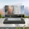 Plaque funéraire panoramique chrétien posée sur socle ardoise du Brésil, fixation inox, 1er sous-décor