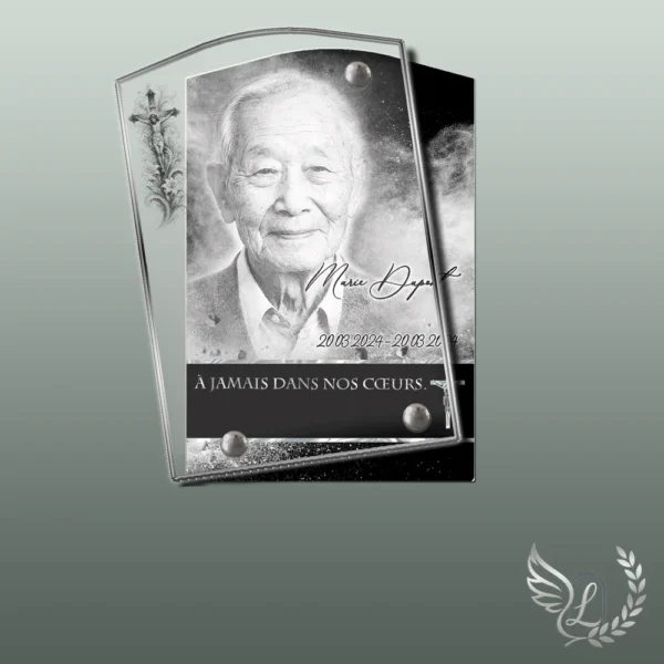 Plaque funéraire rectangle chrétien collée sur pierre tombale, double-face professionnel inclus, 1er sous-décor du thème