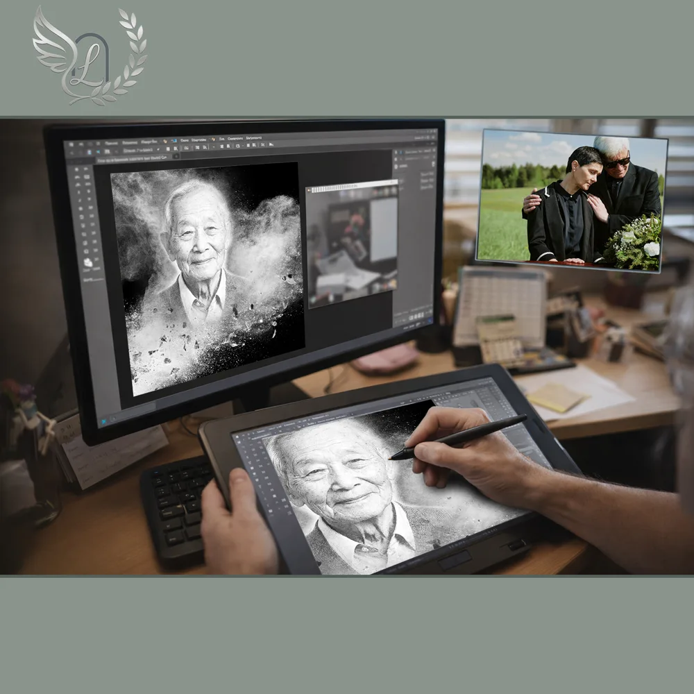 Création artistique plaque funéraire Chrétien sur tablette graphique en studio