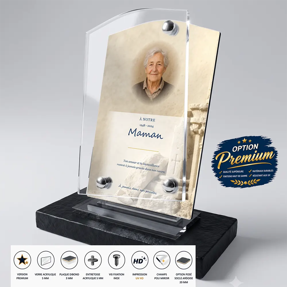 Plaque funéraire stèle Chrétien finition premium présentée sur socle en ardoise