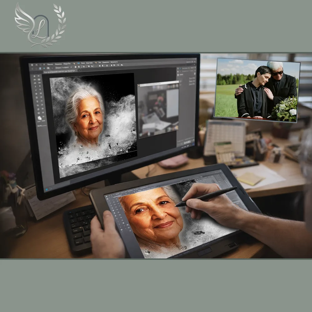 Création artistique plaque funéraire Chrétien sur tablette graphique en studio