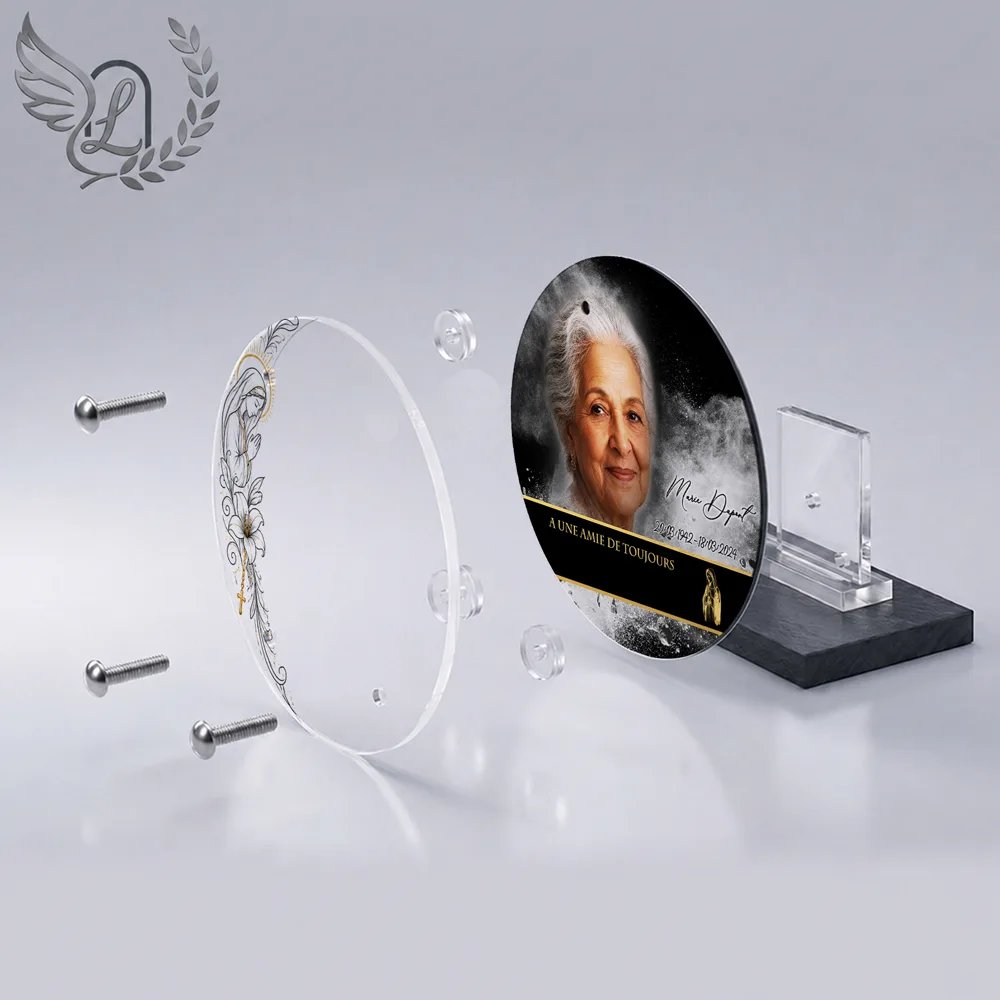 Vue éclatée plaque funéraire Circulaire Chrétien : construction sandwich plexi imprimé miroir, 3 entretoises, dibond et bloc ardoise