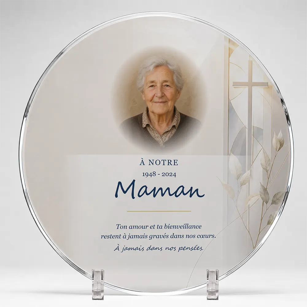 Plaque funéraire circulaire Chrétien personnalisée — portrait, texte libre et fond au choix, présentée sur pied plexi