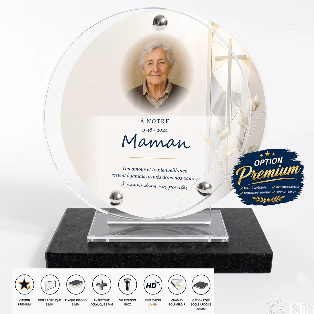 Plaque funéraire circulaire Chrétien finition premium présentée sur socle en ardoise