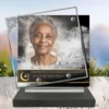 Plaque funéraire carré musulman posée sur socle ardoise du Brésil, fixation inox, 1er sous-décor
