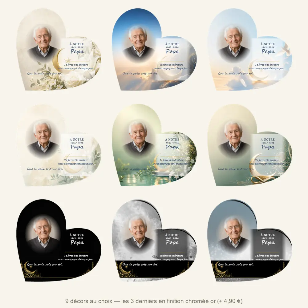 Plaque funéraire cœur Musulman — neuf décors de fond au choix