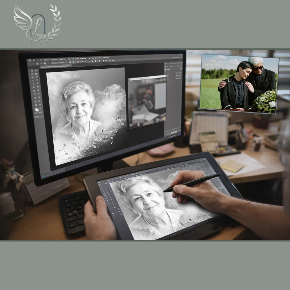 Création artistique plaque funéraire Musulman sur tablette graphique en studio