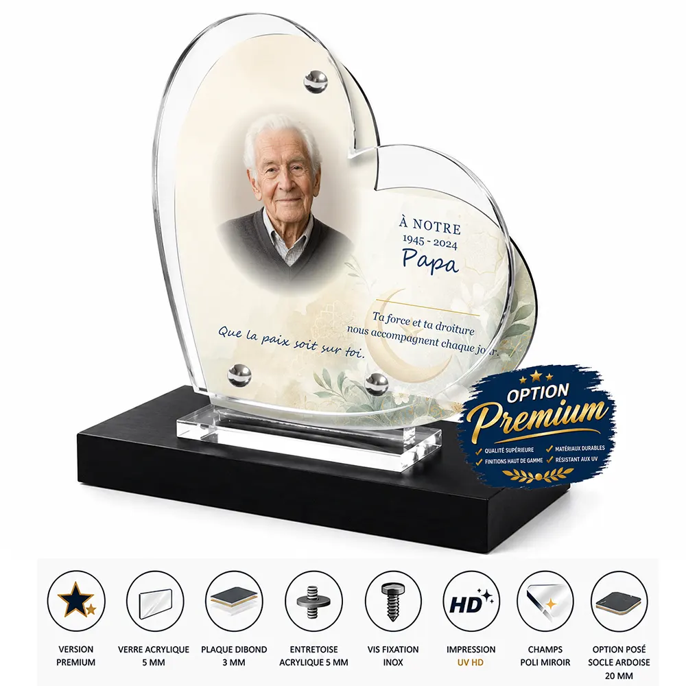 Plaque funéraire cœur Musulman finition premium présentée sur socle en ardoise