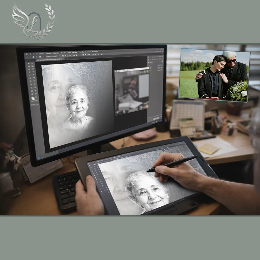 Création artistique plaque funéraire Musulman sur tablette graphique en studio