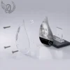 Plaque funéraire flamme musulman en vue éclatée : assemblage 5 couches plexiglas, entretoises chromées, dibond aluminium, vis inox 316