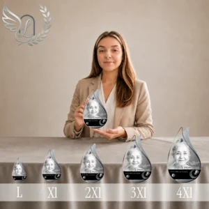 Gamme complète de plaques funéraires flamme finition argent, du format L au 4XL, présentées côte à côte avec portrait et versets islamiques
