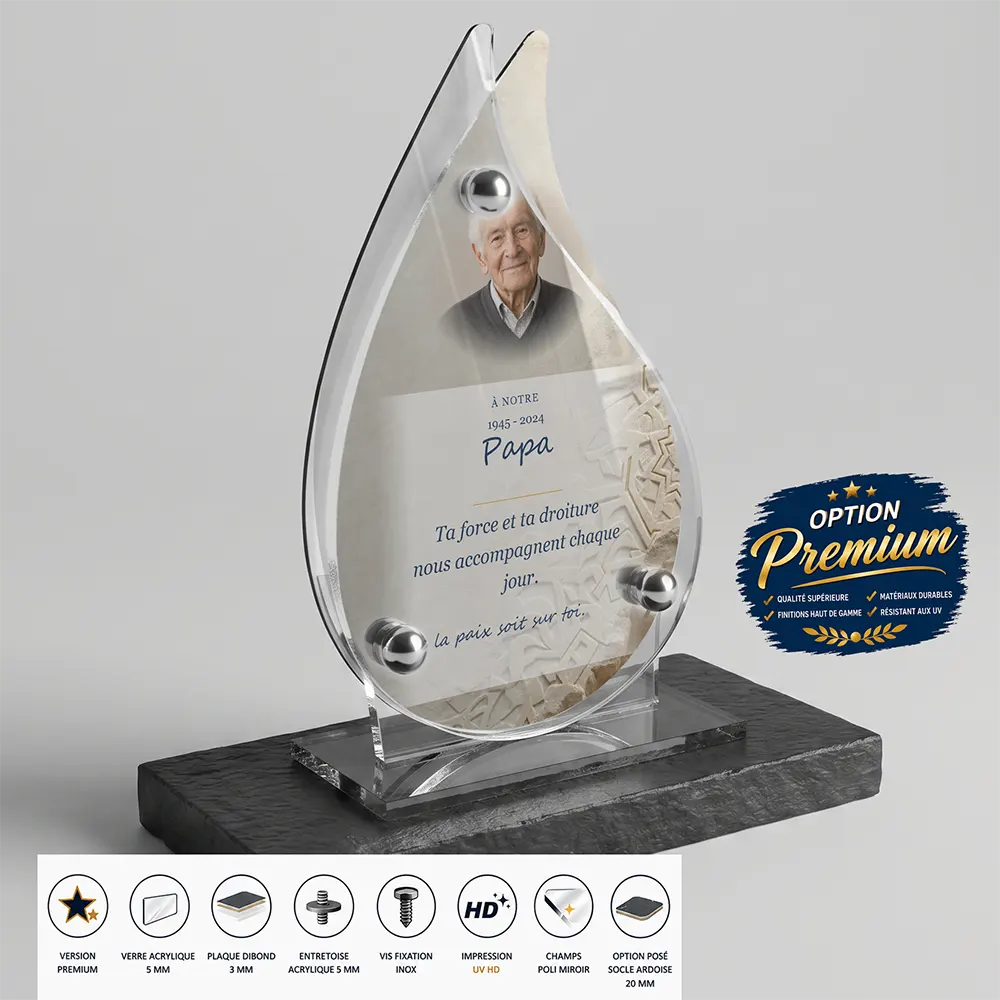 Plaque funéraire flamme Musulman finition premium présentée sur socle en ardoise