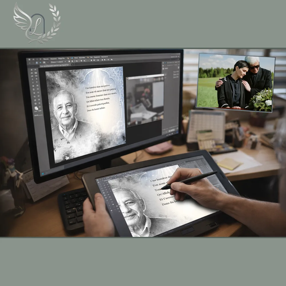 Création artistique plaque funéraire Musulman sur tablette graphique en studio