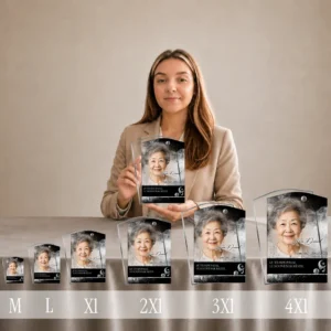 Gamme de plaques funéraires rectangulaires en plexiglas avec finition argent, présentées du format M au 4XL, motif floral épuré et portrait souvenirs