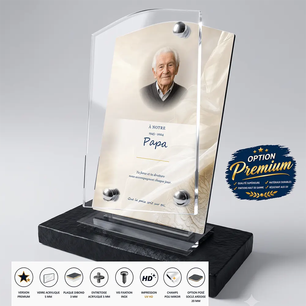 Plaque funéraire stèle Musulman finition premium présentée sur socle en ardoise