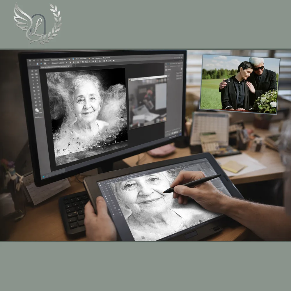 Création artistique plaque funéraire Musulman sur tablette graphique en studio