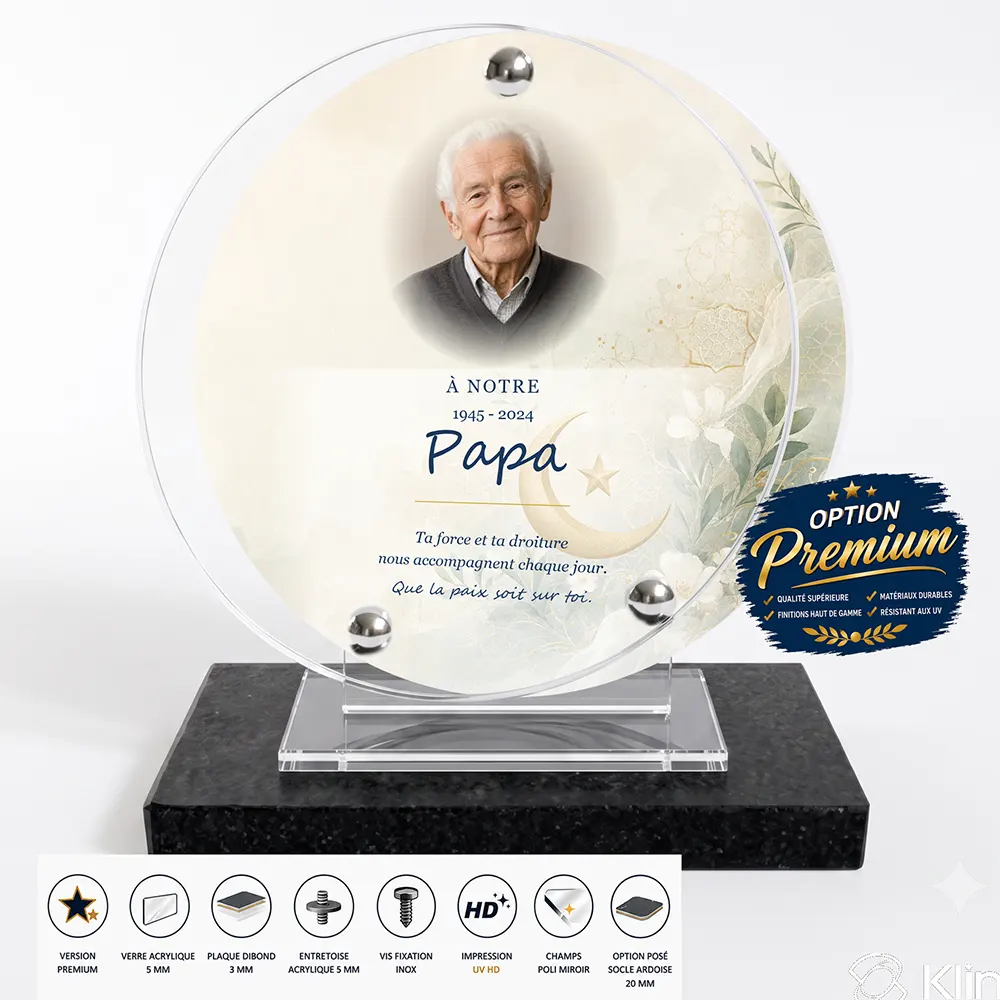 Plaque funéraire circulaire Musulman finition premium présentée sur socle en ardoise