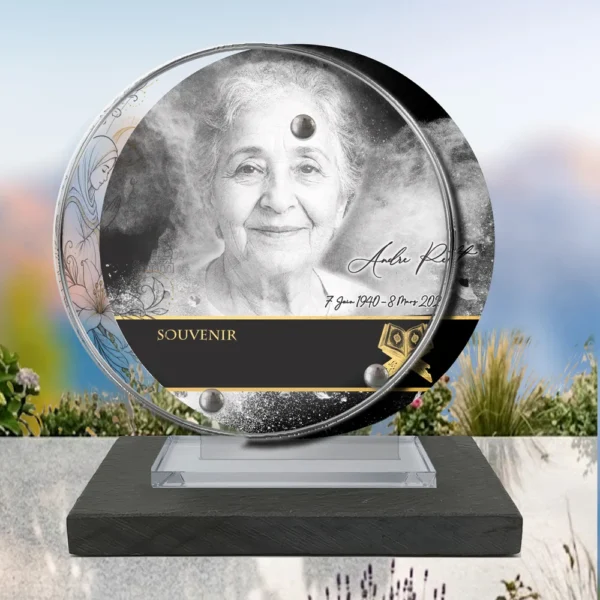 Plaque funéraire médaillon rond musulman posée sur socle ardoise du Brésil, fixation inox, 1er sous-décor