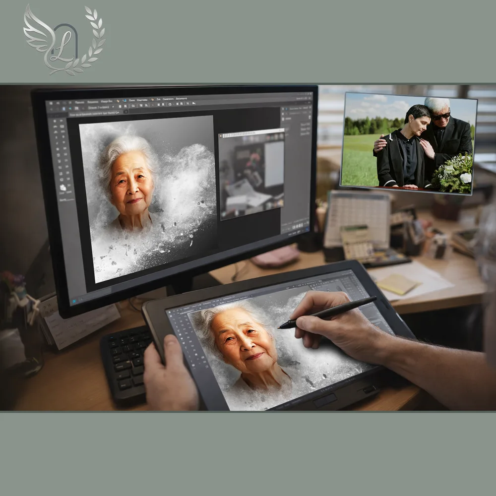 Création artistique plaque funéraire Juif sur tablette graphique en studio