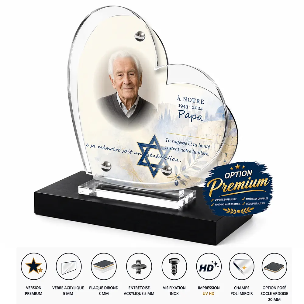 Plaque funéraire cœur Juif finition premium présentée sur socle en ardoise