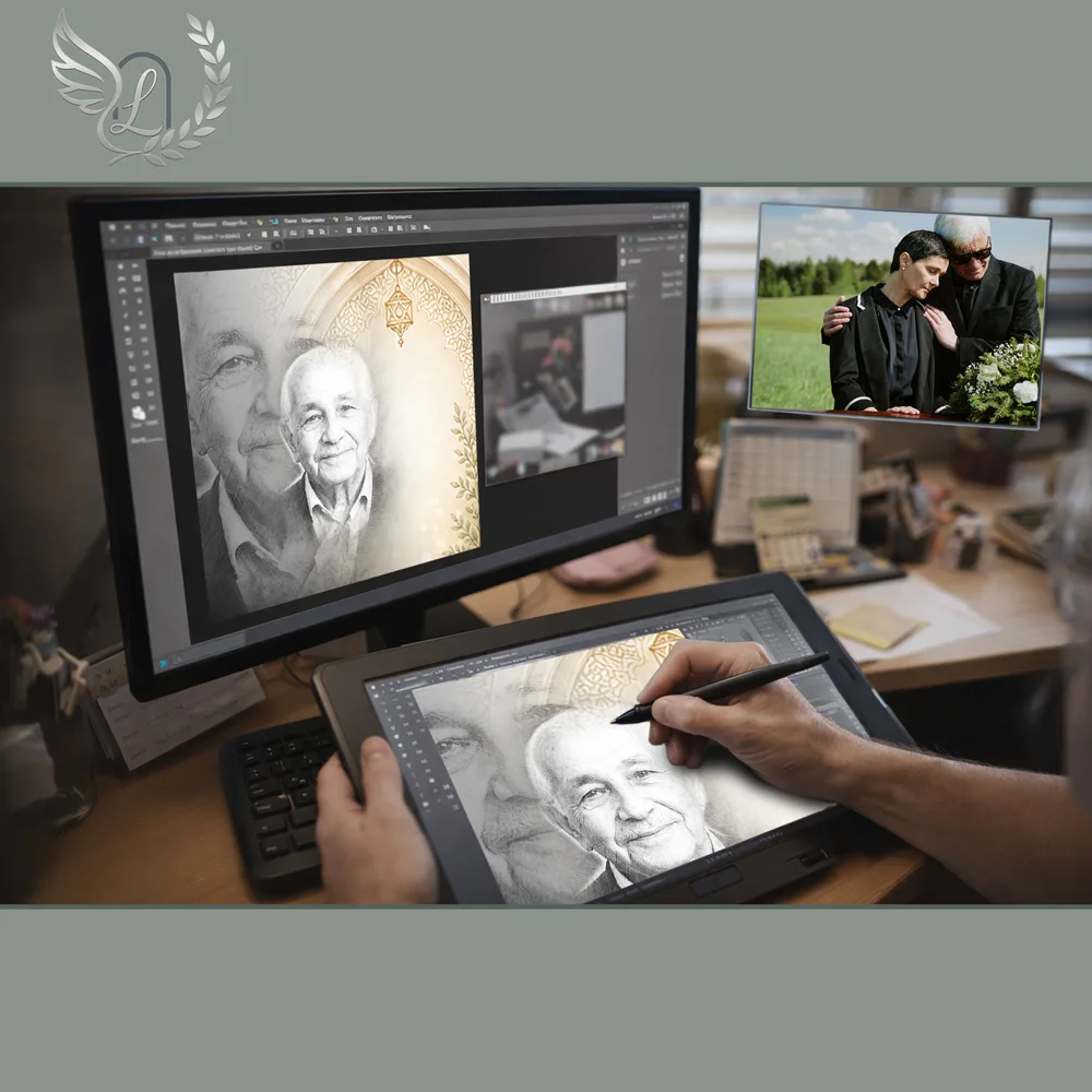 Création artistique plaque funéraire Juif sur tablette graphique en studio