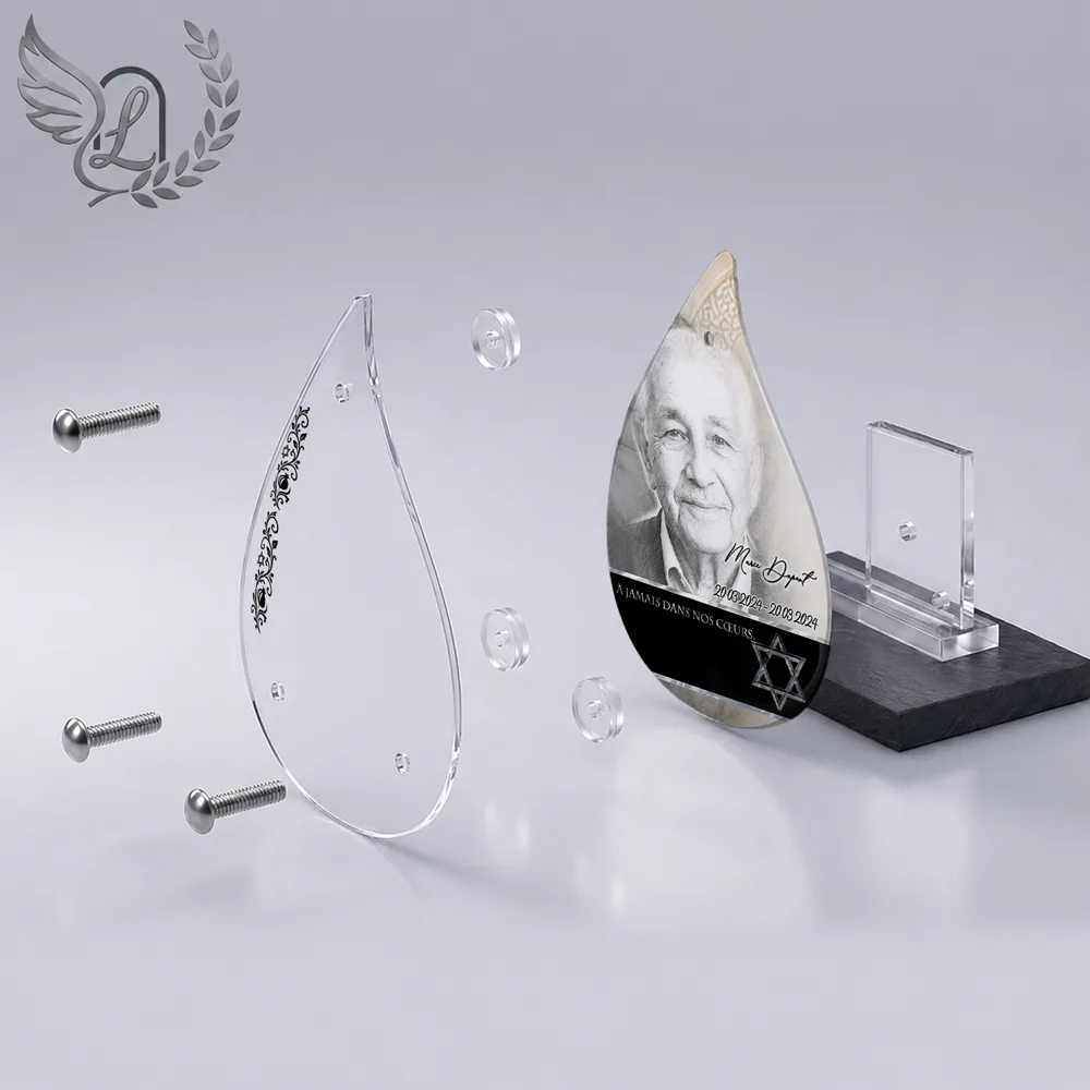 Vue éclatée plaque funéraire Flamme Juif : construction sandwich plexi imprimé miroir, 3 entretoises, dibond et bloc ardoise