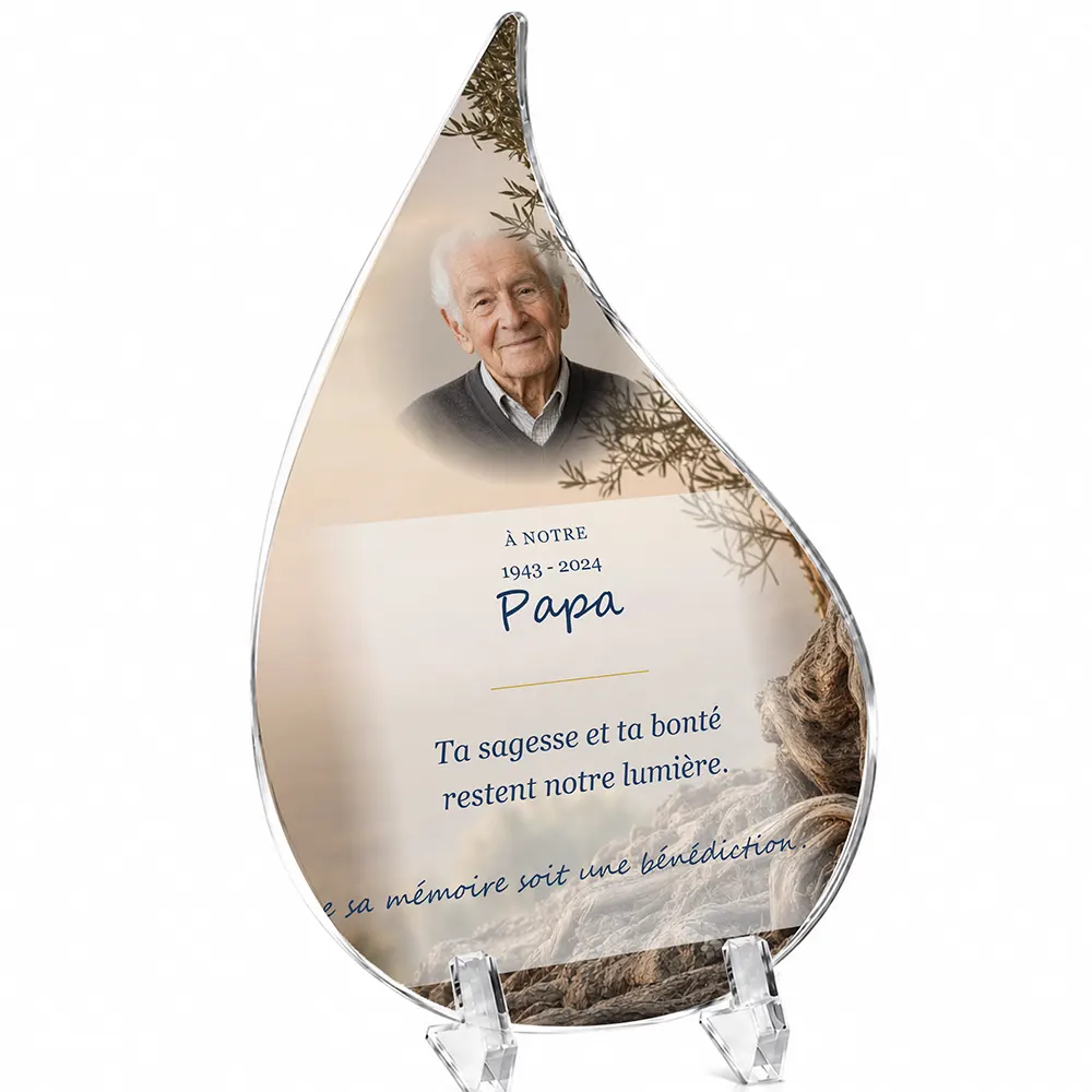 Plaque funéraire flamme Juif personnalisée — portrait, texte libre et fond au choix, présentée sur pied plexi