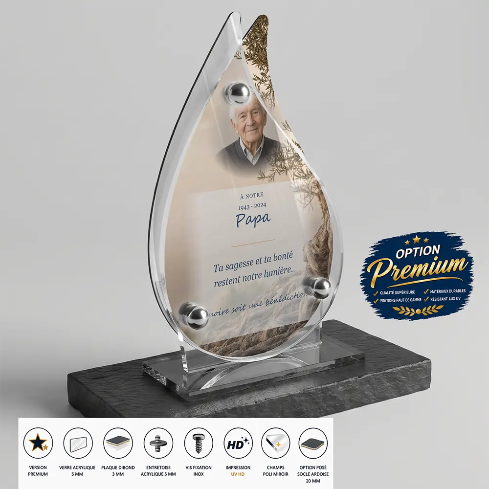 Plaque funéraire flamme Juif finition premium présentée sur socle en ardoise